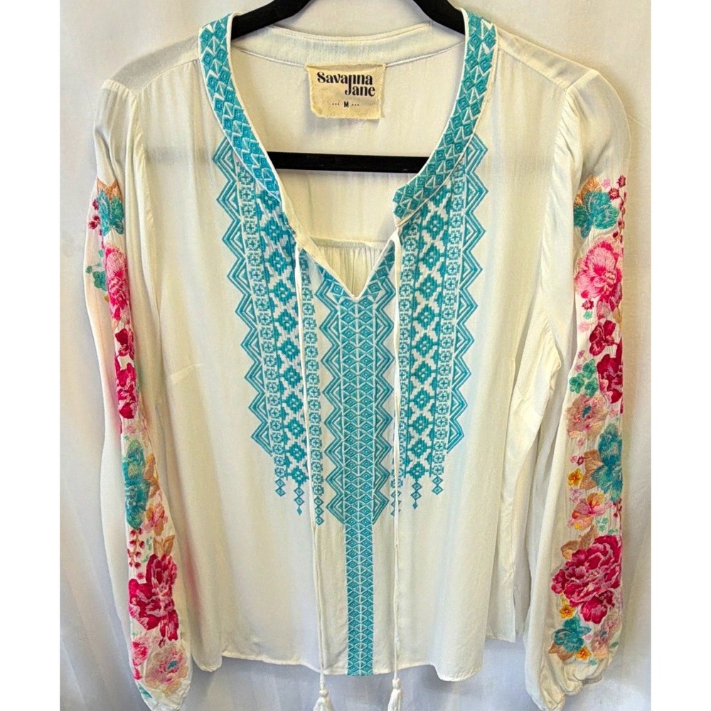 Savanna Jane Embroidered Boho Peasant Hippie Blouse White Turquoise Floral LS M